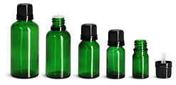 Green Glass Euro Dropper Bottles w/ Black Tamper Evident Caps & Orifice Reducers