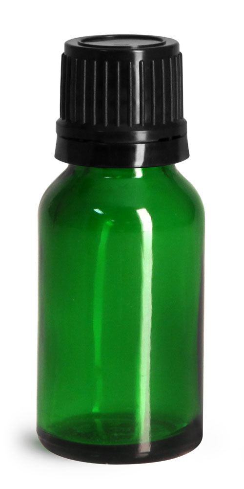 15 ml Glass Bottles, Green Glass Euro Dropper Bottles w/ Black Tamper Evident Caps & Orifice Reducers
