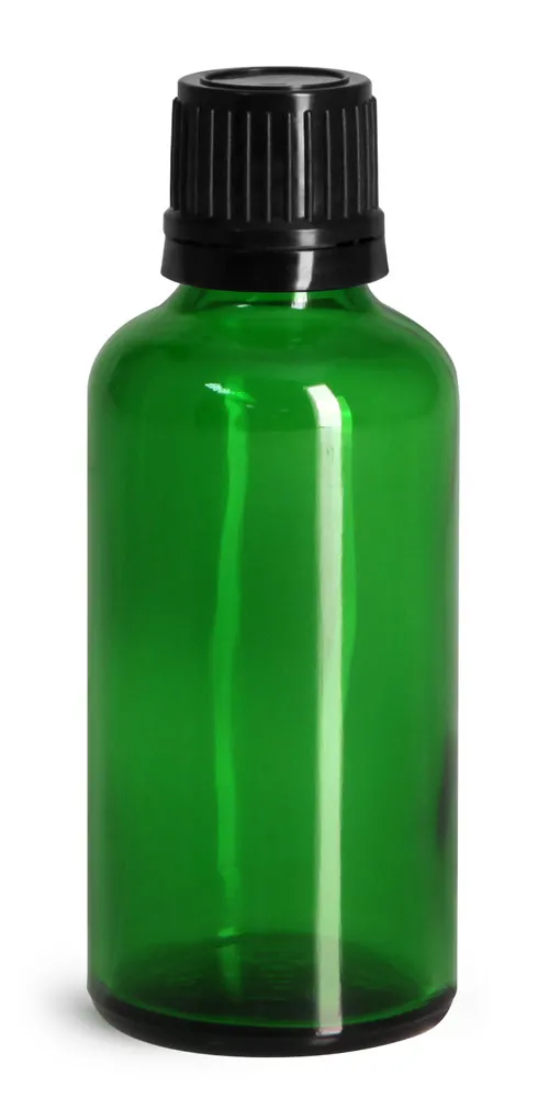 50 ml Glass Bottles, Green Glass Euro Dropper Bottles w/ Black Tamper Evident Caps & Orifice Reducers