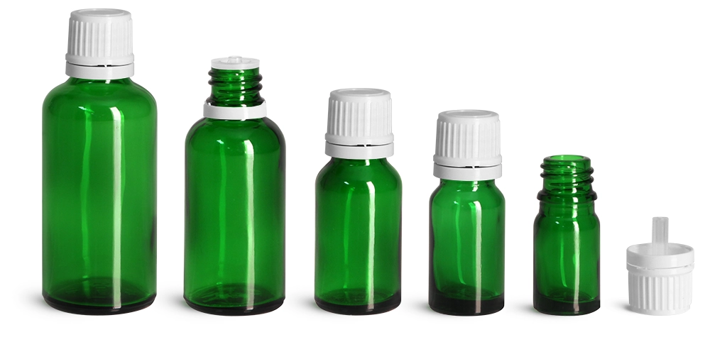 Glass Bottles, Green Glass Euro Dropper Bottles w/ White Tamper Evident Caps & Orifice Reducers