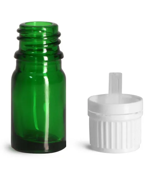 5 ml Glass Bottles, Green Glass Euro Dropper Bottles w/ White Tamper Evident Caps & Orifice Reduce