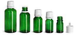 Green Glass Euro Dropper Bottles w/ White Tamper Evident Caps & Orifice Reducers