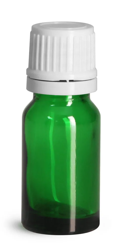 10 ml Glass Bottles, Green Glass Euro Dropper Bottles w/ White Tamper Evident Caps & Orifice Reduce