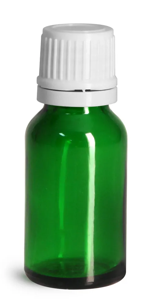 15 ml Glass Bottles, Green Glass Euro Dropper Bottles w/ White Tamper Evident Caps & Orifice Reduce