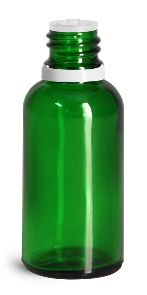 30 ml Glass Bottles, Green Glass Euro Dropper Bottles w/ White Tamper Evident Caps & Orifice Reduce