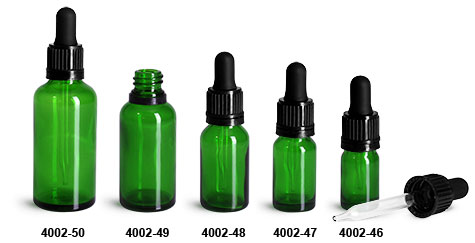 Glass Bottles, Green Glass Euro Dropper Bottles w/ Black Tamper Evident Bulb Droppers