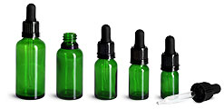Green Glass Euro Dropper Bottles w/ Black Tamper Evident Bulb Droppers