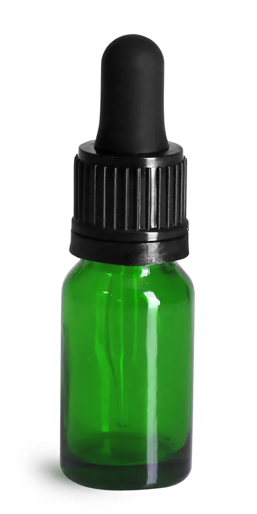 10 ml Glass Bottles, Green Glass Euro Dropper Bottles w/ Black Tamper Evident Bulb Droppers
