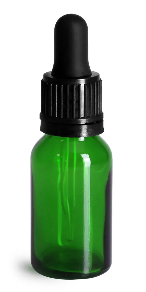 15 ml Glass Bottles, Green Glass Euro Dropper Bottles w/ Black Tamper Evident Bulb Droppers