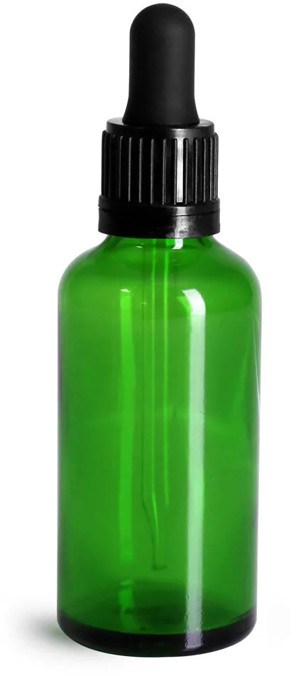 50 ml Green Glass Euro Dropper Bottles w/ Black Tamper Evident Bulb Droppers