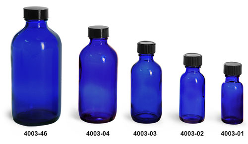 Glass Bottles, Blue Glass Boston Round Bottles w/ Black Phenolic Cone Lined Caps
