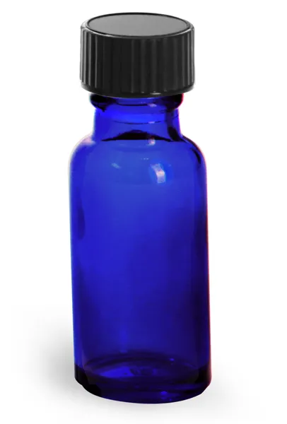 1/2 oz         Blue Glass Round Bottles w/ Black Phenolic Cone Lined Caps