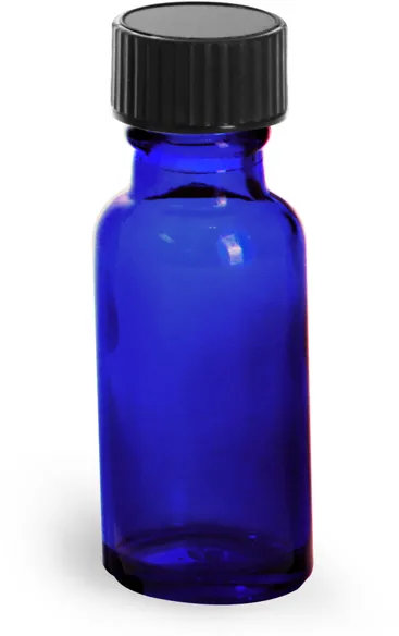 2 oz         2 oz         Blue Glass Round Bottles w/ Black Phenolic Cone Lined Caps