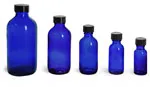 Blue Glass Bottles, Boston Round Bottles w/ Black Phenolic Cone Lined Caps
