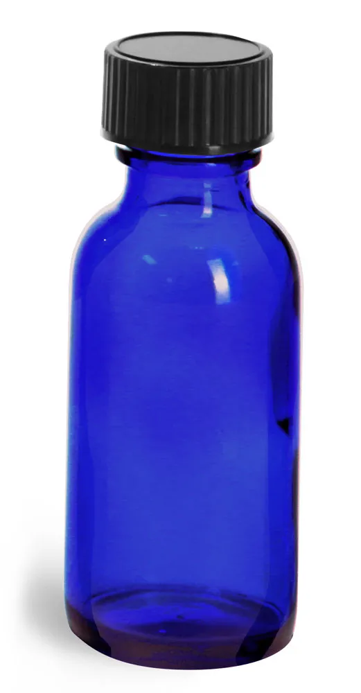 1 oz         Blue Glass Round Bottles w/ Black Phenolic Cone Lined Caps