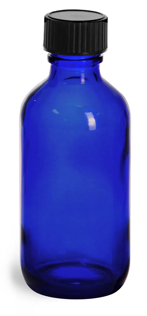 2 oz         Blue Glass Round Bottles w/ Black Phenolic Cone Lined Caps