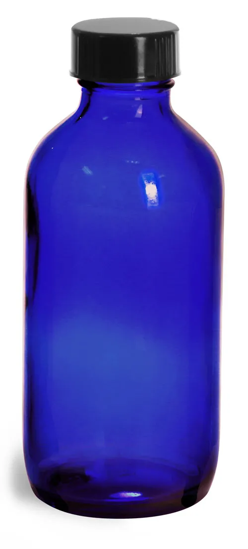 4 oz         Blue Glass Round Bottles w/ Black Phenolic Cone Lined Caps