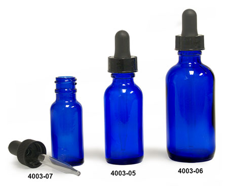 Glass Bottles, Blue Glass Boston Round Bottles w/ Black Bulb Glass Droppers