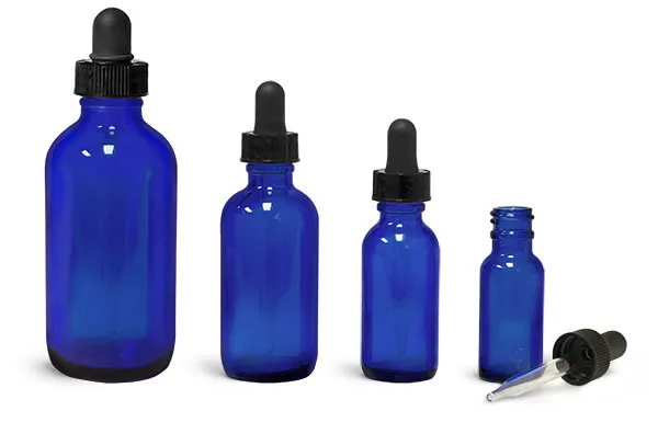 Blue Glass Bottles, Boston Round Bottles with Black Droppers