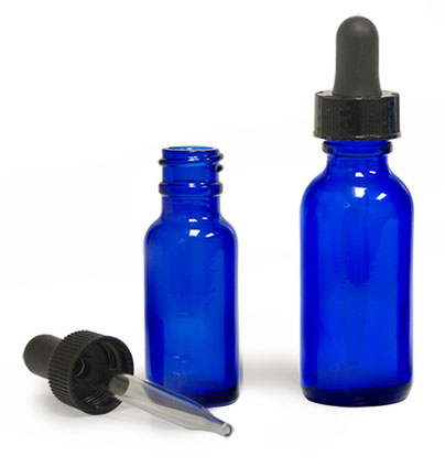 1 oz       Blue Glass Round Bottles w/ Black Bulb Glass Droppers