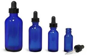 Blue Glass Bottles, Boston Round Bottles with Black Droppers
