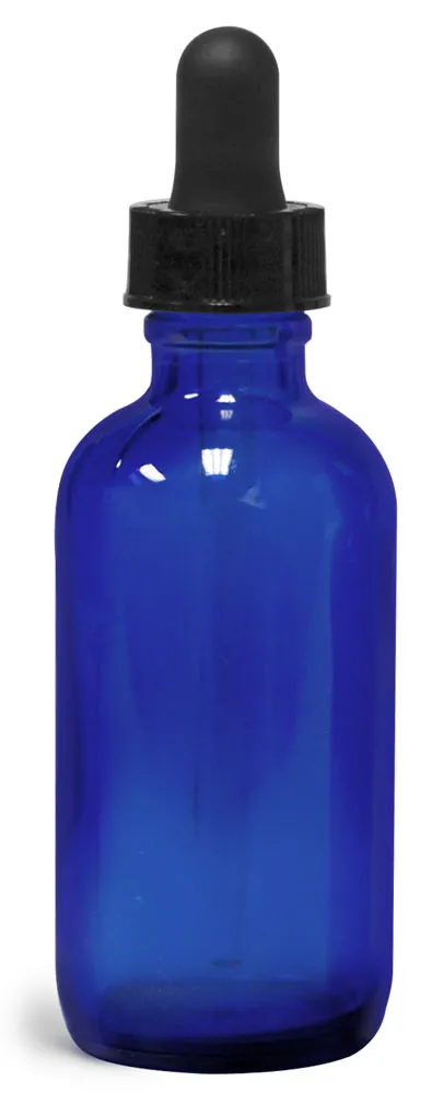2 oz       Blue Glass Round Bottles w/ Black Bulb Glass Droppers