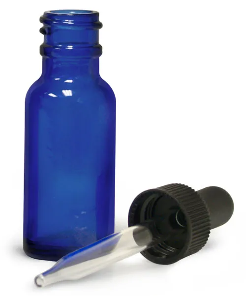 1/2 oz       Blue Glass Round Bottles w/ Black Bulb Glass Droppers