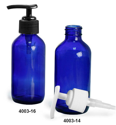 Glass Bottles, Blue Glass Boston Round Bottles w/ Lotion Pumps