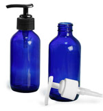 Blue Glass Boston Round Bottles w/ Lotion Pumps