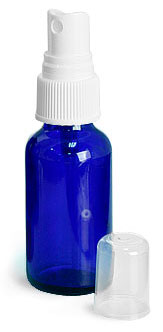 1 oz        Blue Cobalt Glass Round Bottles w/ White Fine Mist Sprayers