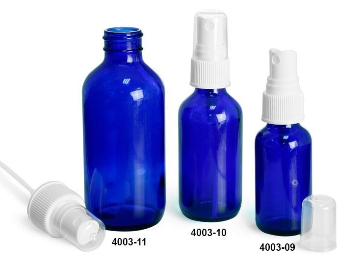 Glass Bottles, Blue Glass Boston Round Bottles w/ White Ribbed Fine Mist Sprayers