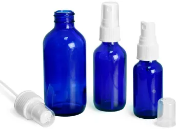 Blue Glass Bottles, Boston Round Bottles w/ White Ribbed Fine Mist Sprayers