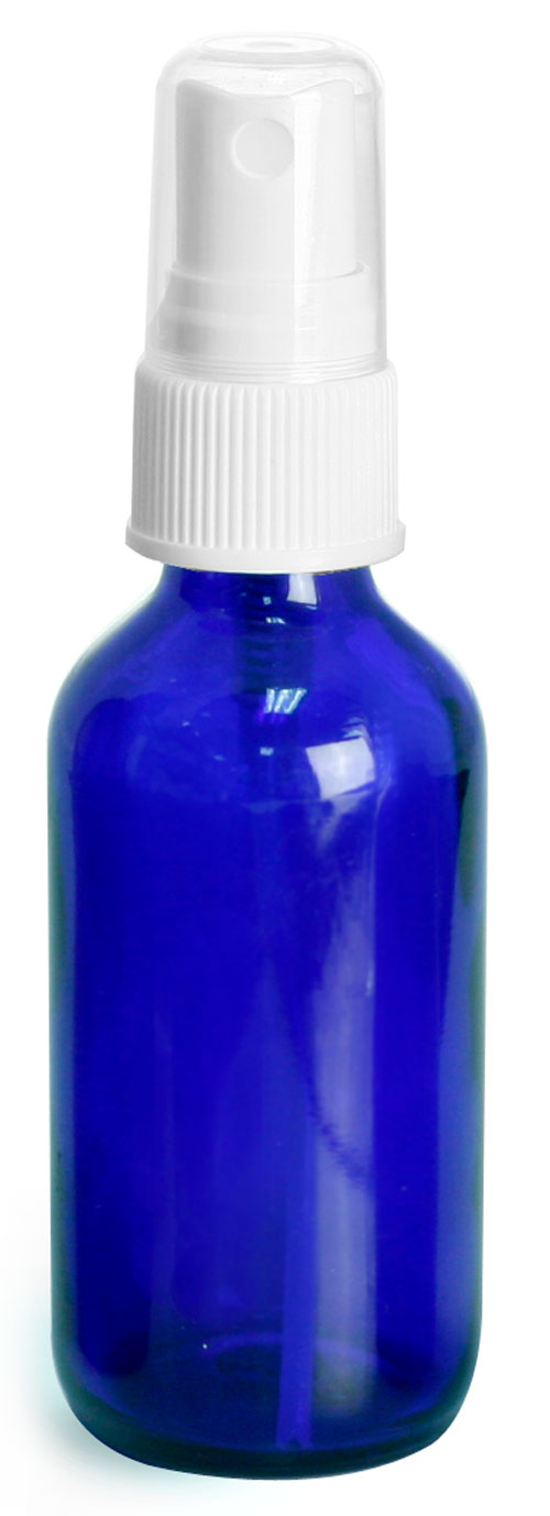 2 oz        Blue Cobalt Glass Round Bottles w/ White Fine Mist Sprayers