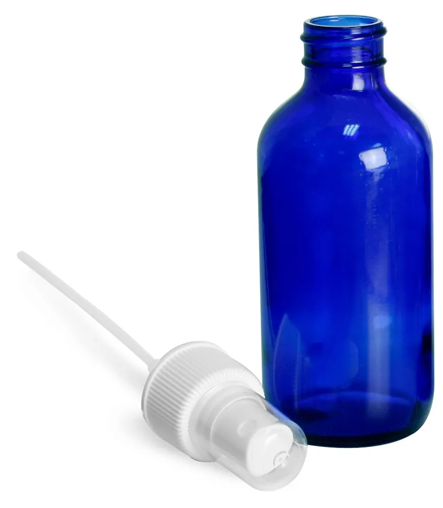 4 oz        Blue Cobalt Glass Round Bottles w/ White Fine Mist Sprayers