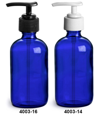 Glass Bottles, Blue Glass Boston Round Bottles w/ Lotion Pumps