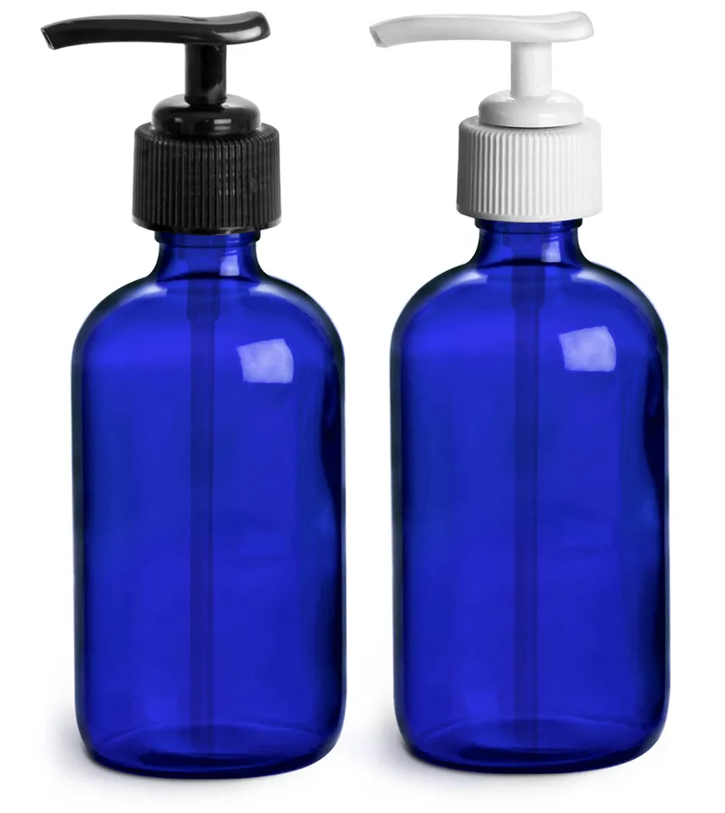 Blue Glass Boston Round Bottles w/ Lined Aluminum Caps