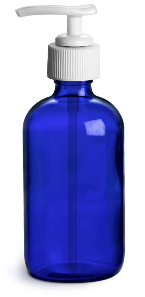 4 oz        Blue Cobalt Glass Round Bottles w/ White Pumps