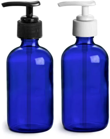 Blue Glass Bottles, Boston Round Bottles w/ Lotion Pumps