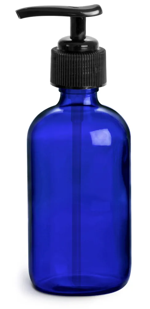 4 oz        Blue Cobalt Glass Round Bottles w/ Black Pumps