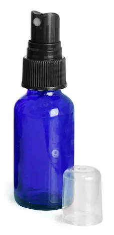 1 oz        Blue Glass Round Bottles w/ Black Fine Mist Sprayers