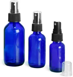 Blue Glass Bottles, Boston Round Bottles w/ Black Ribbed Fine Mist Sprayers