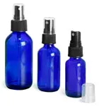 Blue Glass Bottles, Boston Round Bottles w/ Black Ribbed Fine Mist Sprayers