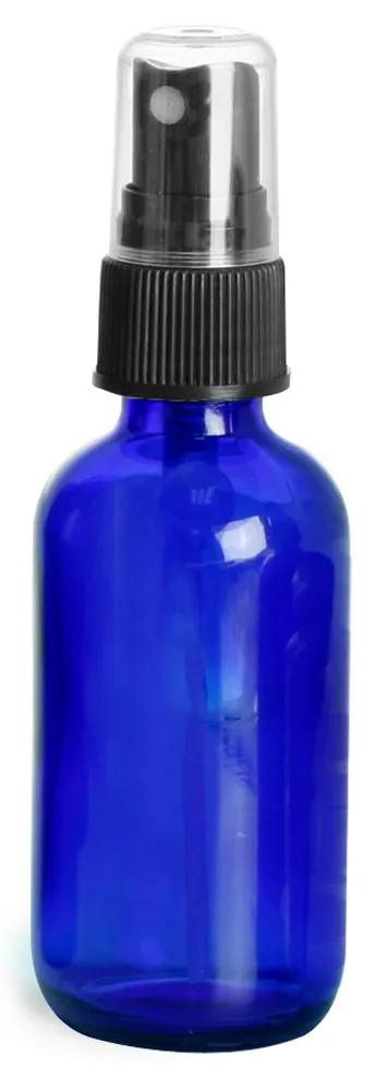 2 oz        Blue Glass Round Bottles w/ Black Fine Mist Sprayers