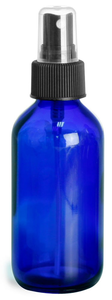 4 OZ BLUE GLASS ROUND BOTTLES W/ BLACK FINE MIST SPRAYERS