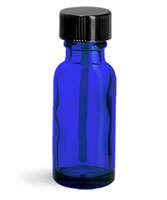 Glass Bottles, Blue Glass Boston Round Bottles w/ Black PE Ball Rod Caps