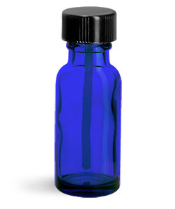 Glass Bottles, Blue Glass Boston Round Bottles w/ Black PE Ball Rod Caps