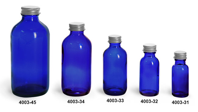 Glass Bottles, Blue Glass Boston Round Bottles w/ Lined Aluminum Caps