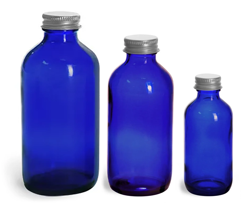 Blue Glass Boston Round Bottles w/ Lined Aluminum Caps