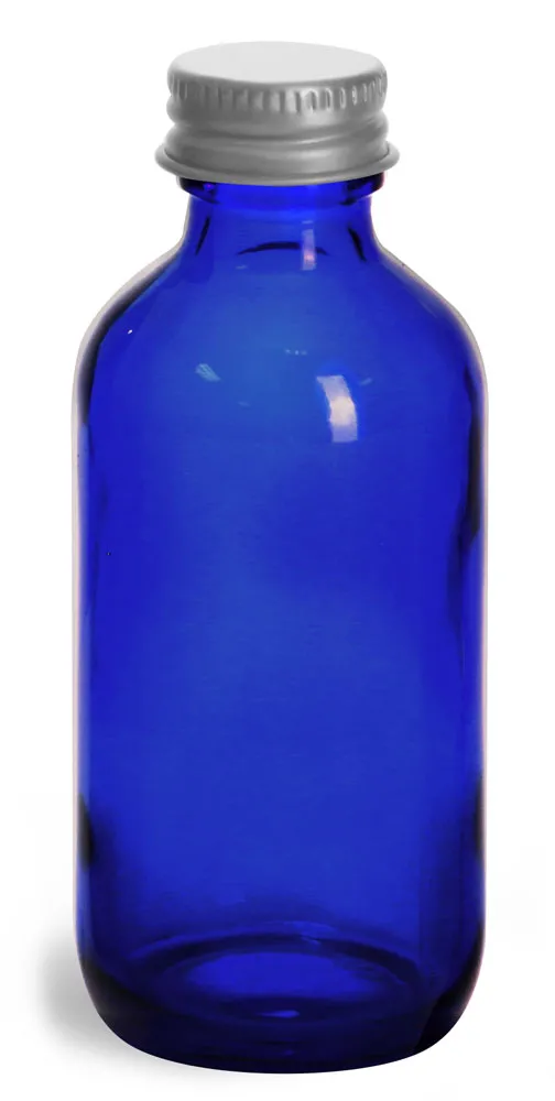 2 oz          Blue Cobalt Glass Round Bottles w/ Lined Aluminum Caps