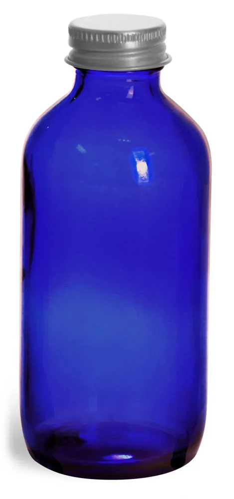 4 oz          Blue Cobalt Glass Round Bottles w/ Lined Aluminum Caps